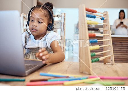 Girl, laptop and learning in home for education, development or study in home with toys, pen or tech. Child, computer and digital home school with video conference, video call or elearning classroom 125104455