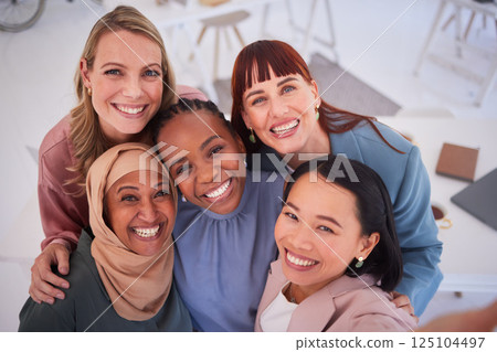 Creative business people, diversity and smile for selfie, meeting or team building at the workplace. Portrait of happy group of employee workers smiling together in teamwork for photo at the office 125104497