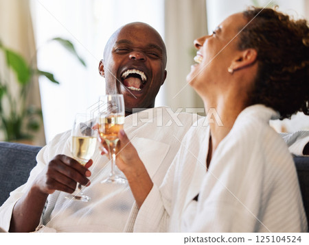 Love, black couple and celebrate with champagne, for vacation, honeymoon and anniversary happy together. Happiness, man and woman with wine glass, drink and laugh for relationship, relax and marriage Love, black couple and celebrate with champagne, for vacation, honeymoon and anniversary happy together. Happiness, man and woman with wine glass, drink and laugh for relationship, relax and marriage 125104524