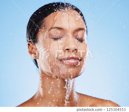 Beauty, skincare and shower with black woman and water splash for cleaning, hydration and natural cosmetics. Moisture, fresh and relax with face of girl model for product, self care and luxury Beauty, skincare and shower with black woman and water splash for cleaning, hydration and natural cosmetics. Moisture, fresh and relax with face of girl model for product, self care and luxury 125104551