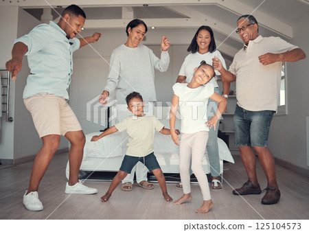 Big family, fun and dance to music in the living room in home, happy and smile together. Children, grandparents or parents dancing, love or crazy people enjoy bonding, audio and relationship in house 125104573