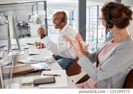 Call center, celebrate and applause for target, sale and success in telemarketing, customer support and telecom company. Happy employees at CRM contact us office in celebration for bonus achievement 125104575