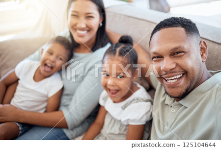Happy, relax and selfie with family on sofa for smile, support or social media app together. Technology, photographer and portrait of parents with children in living room at home for bonding and care 125104644