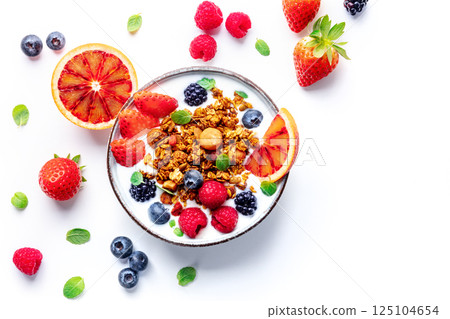 Granola with yogurt and fresh fruit. Organic gourmet muesli with ingredients Granola with yogurt and fresh fruit. Organic gourmet muesli with ingredients 125104654