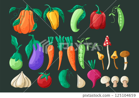 Colorful vector set of cartoon vegetables and mushrooms on dark background. Perfect for food illustrations, stickers, and healthy eating themes. Colorful vector set of cartoon vegetables and mushrooms on dark background. Perfect for food illustrations, stickers, and healthy eating themes. 125104659