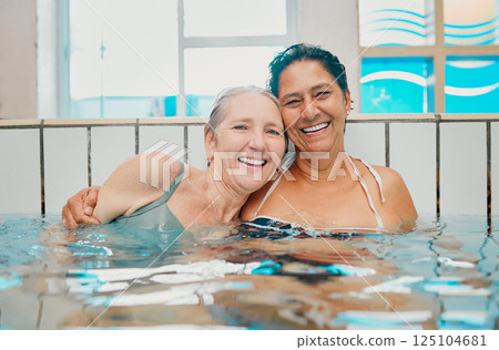 Swimming pool and senior women in portrait for holiday summer, vacation and having fun together with love, hug and happy retirement. Diversity elderly or old woman friends swimming in water pool 125104681