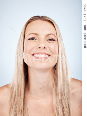 Beauty, woman and face portrait with a beautiful lady for skincare health and wellness on a white studio background. Front, mockup and skin care and bodycare for smooth, soft and perfect skin 125104690