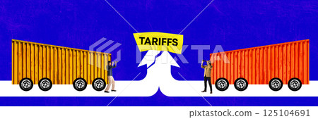 Two container trucks face off under tariff sign, trade dispute and rising friction between export-import markets in competing economies. 125104691