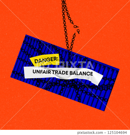 Warning sign over container wrapped in chains warns of unfair trade balance, instability and conflict in global economic system. 125104694