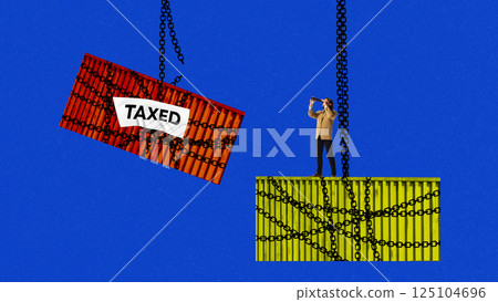 Two chained containers marked with tax and businessman observing through binoculars, frozen trade relations and economic uncertainty. Two chained containers marked with tax and businessman observing through binoculars, frozen trade relations and economic uncertainty. 125104696