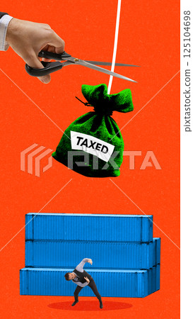 Hand cuts string holding taxed money bag over businessman, portraying impact of fiscal pressure and unstable tax policy in foreign commerce. 125104698