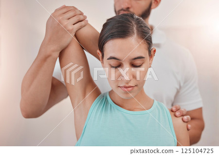 Physiotherapy, woman and stretching arm with coach for fitness healthcare or sports wellness. Rehabilitation recovery, personal trainer and orthopedic physical therapy or physiotherapist help patient Physiotherapy, woman and stretching arm with coach for fitness healthcare or sports wellness. Rehabilitation recovery, personal trainer and orthopedic physical therapy or physiotherapist help patient 125104725