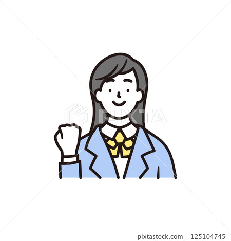 A simple illustration of the upper body of a smiling high school girl posing in a fist pump 125104745