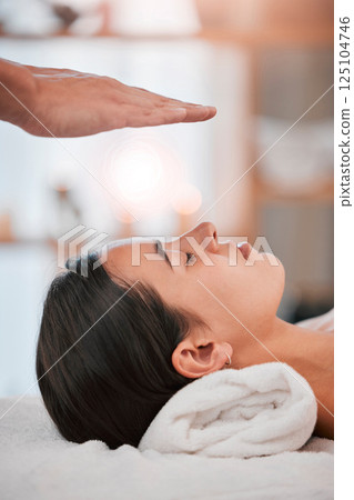 spa, woman and hands with light energy healing for luxury healthcare wellness or reiki peace. Relax, zen meditation therapy and spiritual peace with cosmetic expert person for palm focus chakra 125104746