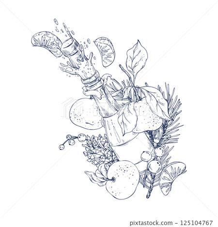 A bottle of champagne with splashes and a flying cork, a pine branch and cones, tangerines and berries. Graphic illustration hand drawn in black ink. Composition, arrangement, sublimation EPS vector. 125104767