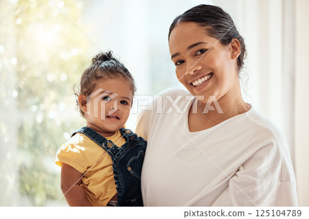 Love, mother holding girl and portrait being happy, bonding and loving together to relax. Motherhood, mama and daughter have quality time, happiness and carry child with care and a smile Love, mother holding girl and portrait being happy, bonding and loving together to relax. Motherhood, mama and daughter have quality time, happiness and carry child with care and a smile 125104789