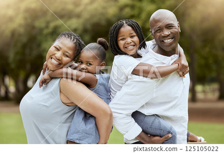 Black family, piggyback or bonding in nature park, sustainability garden or grass environment in trust or love security. Portrait, smile or happy black woman, father and fun children in kids backyard 125105022