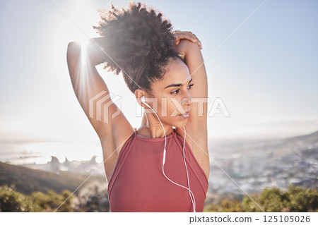 Fitness, stretching and black woman with headphones in city for warm up to start running. Wellness, health and girl doing workout, stretch and exercise on mountain listening to music, track and audio Fitness, stretching and black woman with headphones in city for warm up to start running. Wellness, health and girl doing workout, stretch and exercise on mountain listening to music, track and audio 125105026
