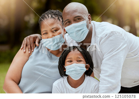 Covid, bonding and girl with grandparents in a garden with love, care and relax in Australia. Black family, insurance and portrait of an African child with senior man and woman with mask in nature 125105078