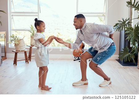 Dad, daughter and dance in home together on floor with love, bonding and care with smile in happy family. Black family, dancer father and girl child in living room for dancing, movement and happiness 125105122