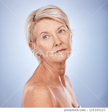 Beauty, skincare and mature woman with healthy, glowing skin on a grey studio background. Beautiful, facial and senior female ready for skin care, body care or treatment for health and wellness Beauty, skincare and mature woman with healthy, glowing skin on a grey studio background. Beautiful, facial and senior female ready for skin care, body care or treatment for health and wellness 125105127