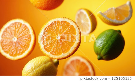 Fresh citrus fruits floating in midair on vibrant orange background 125105135
