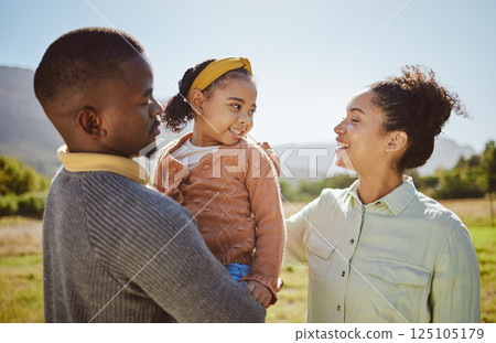 Black family, love and relax at park, nature or outdoors on vacation, holiday or trip. Diversity, care or mother, father and girl enjoying quality time together or bonding in healthy morning sunshine 125105179