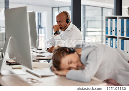 Call center burnout, tired customer service team and consultant exhausted after crm consulting, working or customer support. Telemarketing, online help desk and sleeping agent with overtime fatigue Call center burnout, tired customer service team and consultant exhausted after crm consulting, working or customer support. Telemarketing, online help desk and sleeping agent with overtime fatigue 125105180