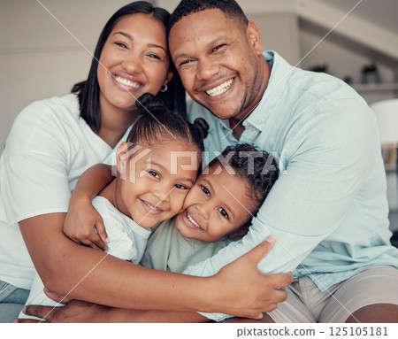Happy, smile and portrait of family hugging, bonding and relaxing together in their home. Loving, father and mother holding their children with love, care and happiness in the living room in a house. Happy, smile and portrait of family hugging, bonding and relaxing together in their home. Loving, father and mother holding their children with love, care and happiness in the living room in a house. 125105181