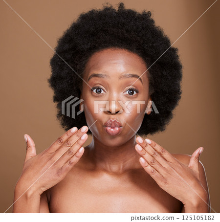 Black woman, beauty and skincare, pout and lips botox and aesthetic cosmetics on studio background. Portrait of young african girl, lip filler and kissing face, plastic surgery and facial treatment 125105182