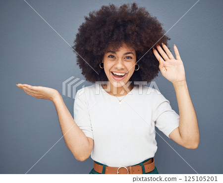Portrait of happy black woman with mockup, studio background and advertising space for product placement. Afro, small business marketing with smile and model with hands out for text, brand or logo. 125105201