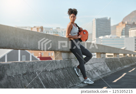 Fitness, sport and black woman in urban city after exercise, relax and break with workout and training. Sports motivation cityscape, young female athlete with sportswear and healthy, active outdoor. Fitness, sport and black woman in urban city after exercise, relax and break with workout and training. Sports motivation cityscape, young female athlete with sportswear and healthy, active outdoor. 125105215