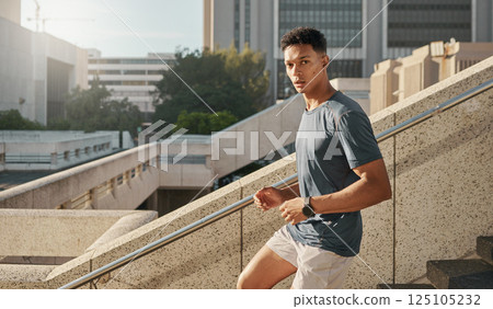 Man, running or city steps for fitness, heart health training or cardio workout in Brazilian urban location. Portrait, runner or sports athlete on stairs in wellness speed exercise for health goals Man, running or city steps for fitness, heart health training or cardio workout in Brazilian urban location. Portrait, runner or sports athlete on stairs in wellness speed exercise for health goals 125105232