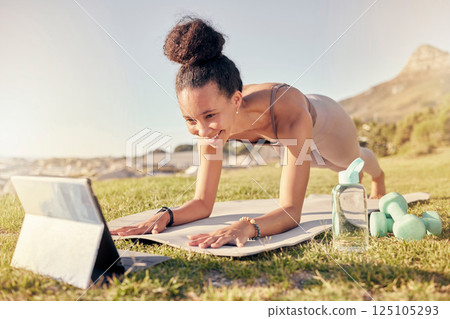 Tablet, woman and workout for meditation for exercise, relax and health to connect in nature. Digital device, black girl or female with online tutorial, fitness class and wellness on yoga mat 125105293
