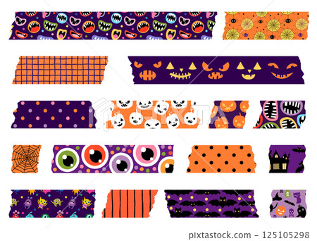 Orange, Black and Purple Halloween Vector Paper Tape with Pumpkins, Spiders, Monsters and Bats, Cute Torn Patterned Stripes 125105298