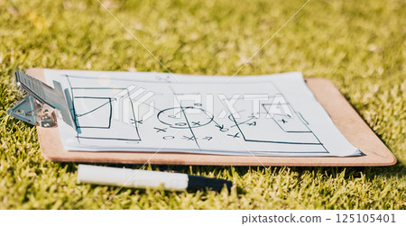 Clipboard, paper and soccer strategy, planning with tactics for team game plan and formation on a grass sport field. Document, pen and icon drawing, sketch and football plan for match on sports pitch Clipboard, paper and soccer strategy, planning with tactics for team game plan and formation on a grass sport field. Document, pen and icon drawing, sketch and football plan for match on sports pitch 125105401