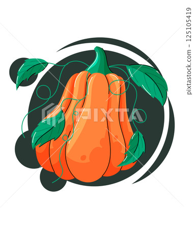 Cartoon vector illustration of vibrant pumpkin with green tops on a dark abstract background. Bright, playful, and perfect for food or farm-themed designs. Cartoon vector illustration of vibrant pumpkin with green tops on a dark abstract background. Bright, playful, and perfect for food or farm-themed designs. 125105419