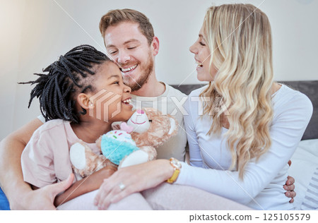 Happy family, parents and adoption kid in bedroom, family home and house for fun, bonding and quality time with love, care and happiness together. Black kid relax with foster mom, dad and diversity Happy family, parents and adoption kid in bedroom, family home and house for fun, bonding and quality time with love, care and happiness together. Black kid relax with foster mom, dad and diversity 125105579