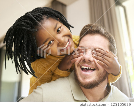 Adopted child, man or father bonding in fun game in house living room, hotel or family home in hide and seek activity, love and trust. Portrait, smile or playful black girl with foster support parent Adopted child, man or father bonding in fun game in house living room, hotel or family home in hide and seek activity, love and trust. Portrait, smile or playful black girl with foster support parent 125105659