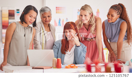 Fashion, retail and design team on laptop for ecommerce, sale and profit review in office. Partnership, teamwork and business women collaboration startup goal, online shopping website and logo reveal 125105767
