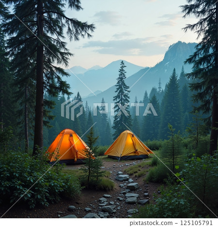Two glowing tents in a forest with mountains 125105791