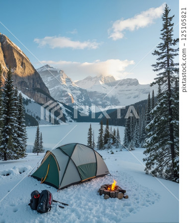 A tent and in a snowy mountain landscape. 125105821