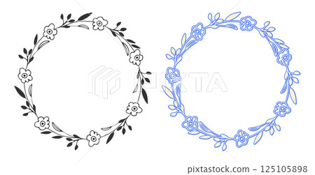 Floral leaves branch Frame set, outline circle, flower wreath, doodle art style design border. Hand drawn blob brush stroke, black blue sketch plant botanic element. Text space. Vector illustration Floral leaves branch Frame set, outline circle, flower wreath, doodle art style design border. Hand drawn blob brush stroke, black blue sketch plant botanic element. Text space. Vector illustration 125105898