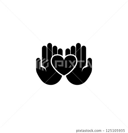 Simple black vector icon of two hands holding or cupping a heart shape. 125105935