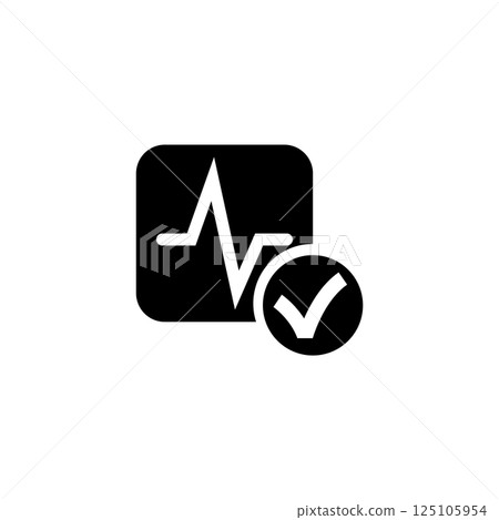 Simple black vector icon of heartbeat graph with checkmark, representing health examination. 125105954