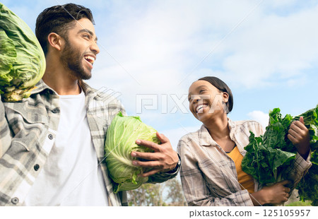 Couple, vegetables farm and happy farmer, teamwork and agriculture garden harvesting. Healthy food, small business food sustainability and workers farming for nutrition in natural lettuce together Couple, vegetables farm and happy farmer, teamwork and agriculture garden harvesting. Healthy food, small business food sustainability and workers farming for nutrition in natural lettuce together 125105957