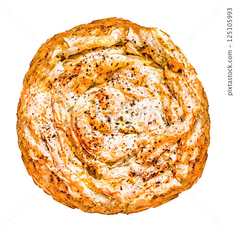 Traditional feta cheese phyllo pastry pie banitsa isolated on white background. top view 125105993