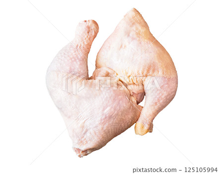Fresh raw chicken meat, isolated on white background. Chicken drumstick or leg, top view Fresh raw chicken meat, isolated on white background. Chicken drumstick or leg, top view 125105994