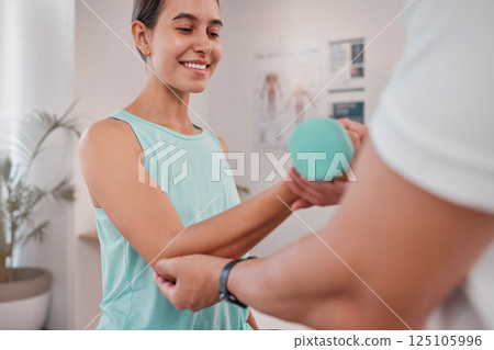 Physical therapy, physiotherapy and chiropractor do exercise with patient for recovery, healing and rehabilitation for dumbbell arm workout. Chiropractic, injury and orthopedic therapist with woman Physical therapy, physiotherapy and chiropractor do exercise with patient for recovery, healing and rehabilitation for dumbbell arm workout. Chiropractic, injury and orthopedic therapist with woman 125105996