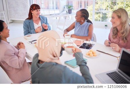 Business people, diversity and meeting in social discussion laughing in fun team development at the office. Group of happy creative employee workers in teamwork enjoying conversation or collaboration 125106006